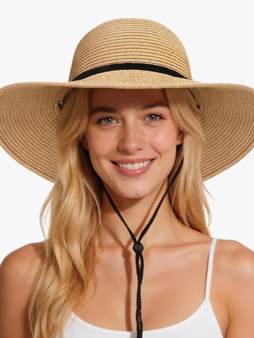 Wind Lanyard Wide Brim Straw Hat Summer Beach Garden Vacation Foldable UPF 50+ - Picture 3 of 8